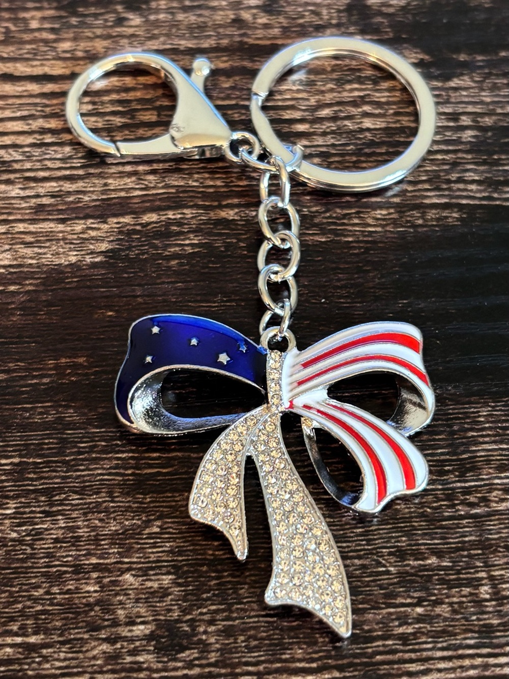 Patriotic Bow Keychain‎ with Rhinestones in Silver Tone